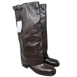 NEW Mango 39 Brown Leather Fold Over Tall Boot Buckle Steampunk Western